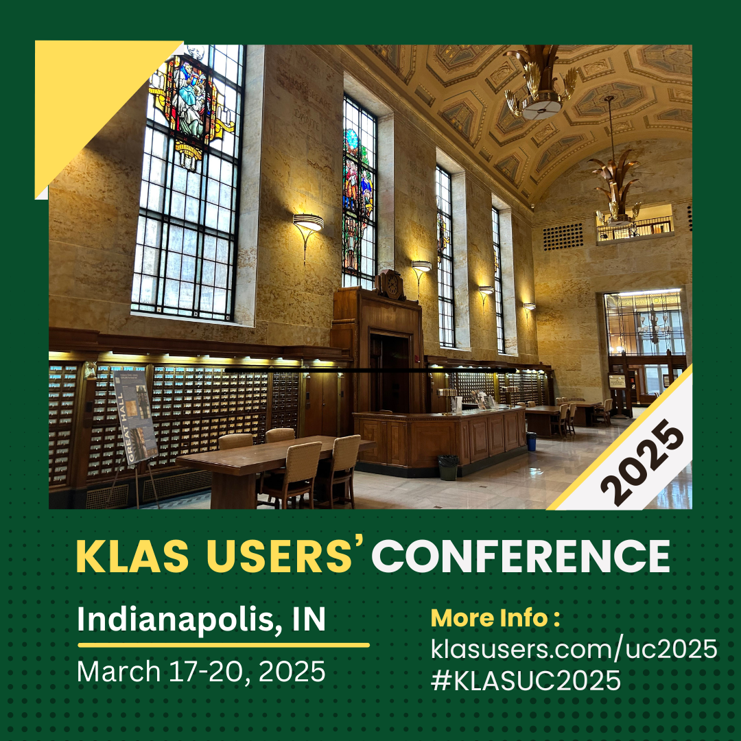 KLAS Users' Conference 2025 graphic in green and gold, with a photo of Indianapolis State Library's historic circulation desk.