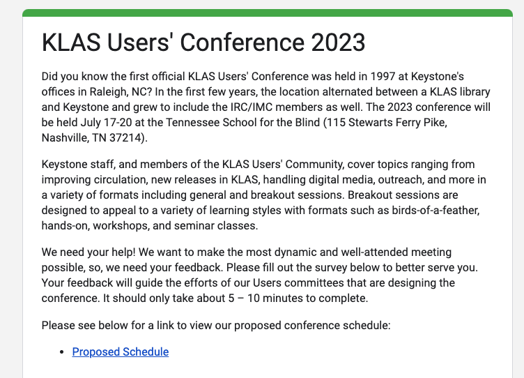 Screen shot of KLAS UC 2023 Pre-Conference Survey description.
