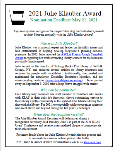 2021 Julie Klauber Award Info - image of the document. Document description in full type in body of article.