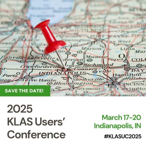 A photo of an Indiana map with a red pushpin in Indianapolis is above text that reads: "SAVE THE DATE! 2025 KLAS Users' Conference, March 17-20, Indianapolis, IN, #KLASUC2025".