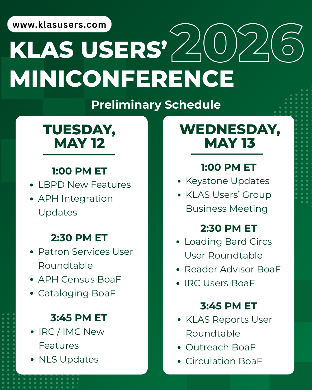 2026 KLAS Users MiniConference Preliminary Schedule