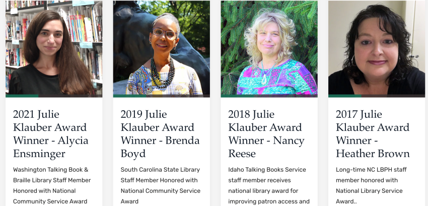 Screenshot of the Julie Klabuer Award winners page from klas.com.