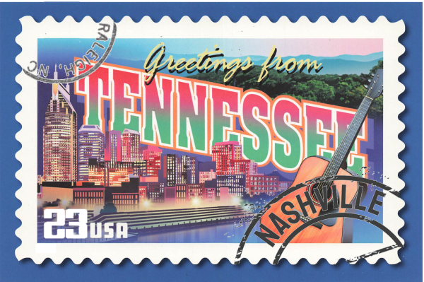 Artwork of the Nashville skyline with a stamp-type border and labeling. Greetings From Tennesse is written large over the buildings, and a guitar leans against the side of the image.