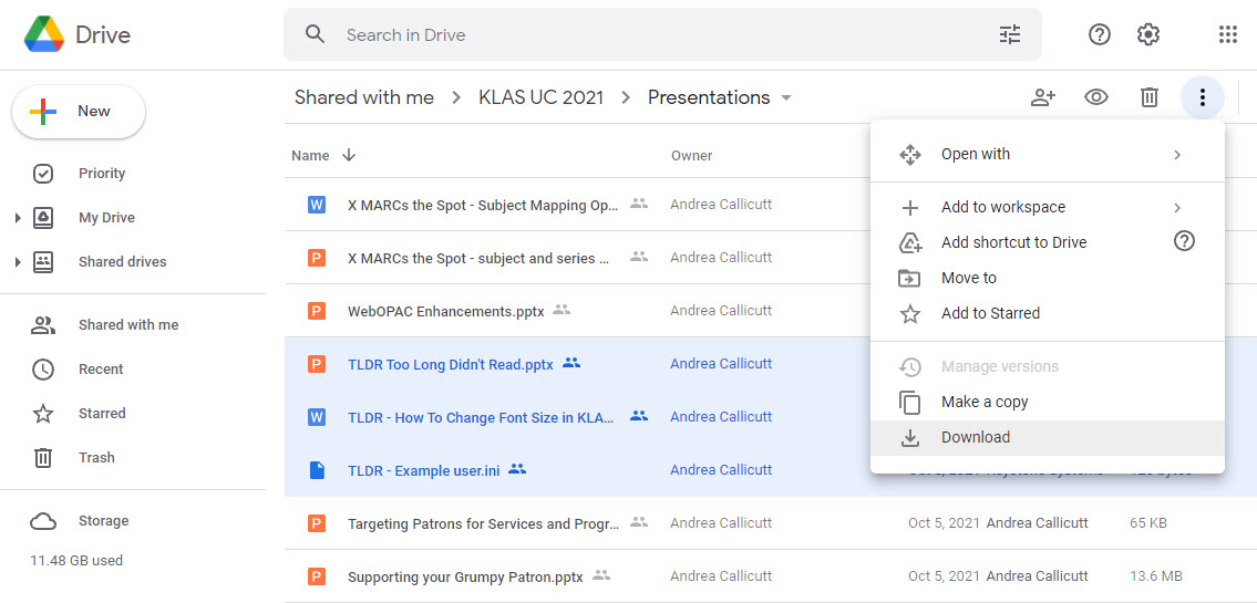 Screenshot of Google Drive shows several presentations selected. The 
