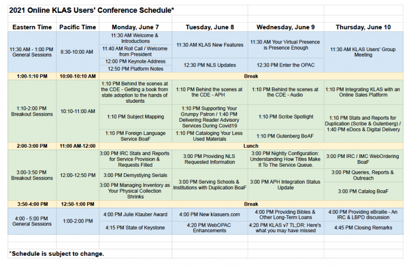 Screenshot of KLAS UC 2021 Overview Schedule