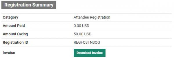 Screenshot of the Registration Summary section of the page, which includes details of the registration, and a Download Invoice button.