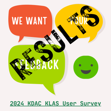 2024 KDAC KLASUsers' Survey Announcement Graphic with the word "results" stamped on it in black capital letters.