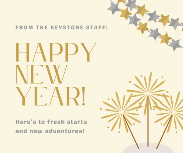 Graphic of gold and silver star garlands and sparklers, reading: From the Keystone Staff: Happy New Year! Here's to fresh starts and new adventures! 