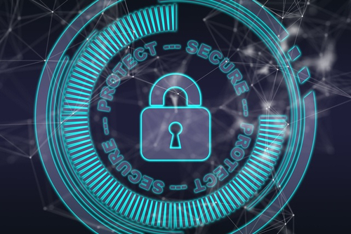 Stylized image of a lock floating in cyberspace, with the words Protect and Secure encircling it.