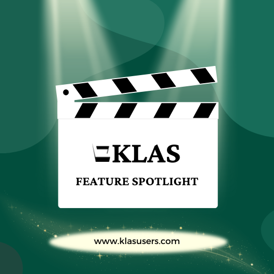 KLAS Feature Spotlight graphic, with the text on a Hollywood-style clapper with spotlights in the background.