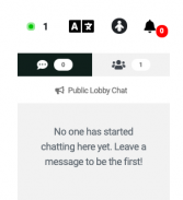 Closeup of the notifications area, showing that it is found directly above the Lobby Chat. The icons are in order: attendees online, language, accessibility, notifications.
