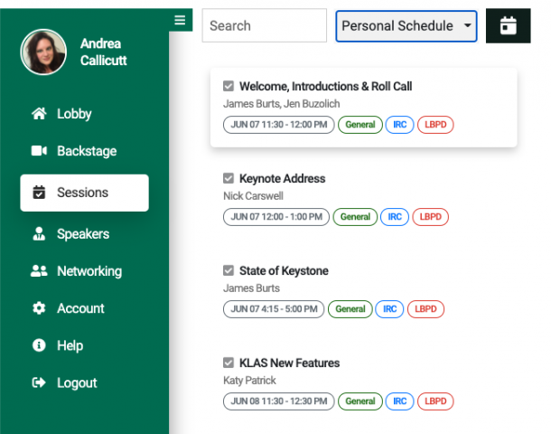 Screenshot of the sessions list, with the filter set to "Personal Schedule." Only sessions with a check beside the name are showing. Each session entry includes the name, speaker or speakers, and the session tracks, such as IRC or Duplication..