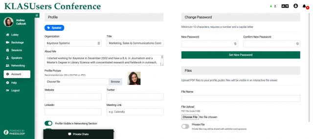 Screenshot of the account page, which is divided into two columns. The first includes information viewable by other attendees, which controls for what should be shared or hidden. The second column includes the password reset and the controls to upload files.