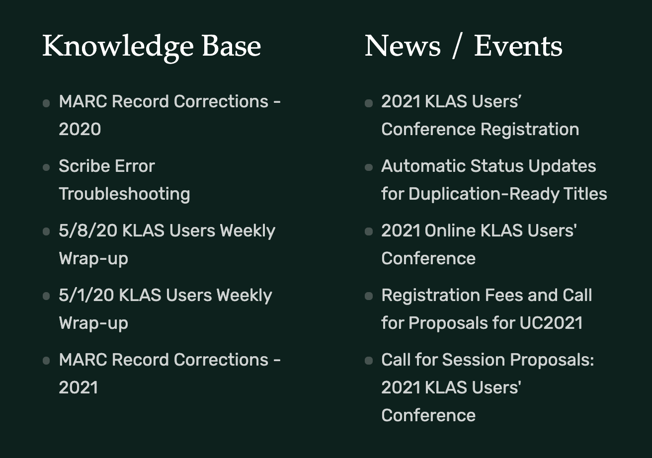 Screenshot of the footer section showcasing the most recent content. Knowledge Base and News / Events are the headers at H3.