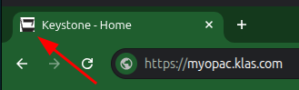 Screenshot of the top of a web browser with one tab open. That tab displays a small Keystone logo in-line with the title text "Keystone - Home," with an arrow indicating that this is a favicon.