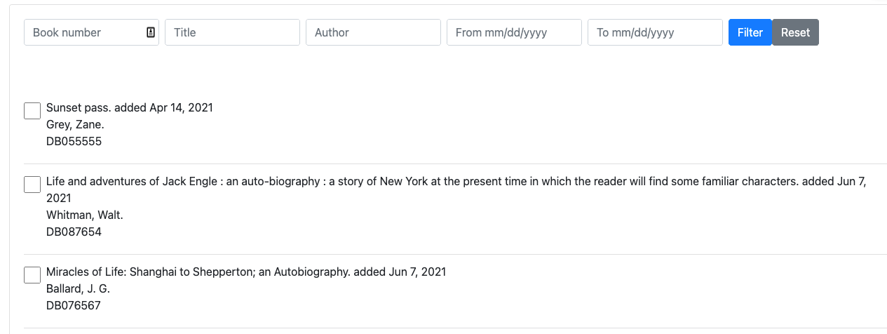 The requests page has filters as described, arranged in a row above along the top of the page in place of a search bar, with a button to Filter and a button to Reset. Each result includes the title, date added, author, and book number, and a checkbox allowing requests to be selected.