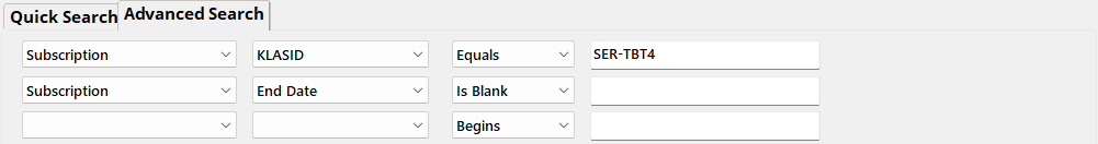 Query second tab alt-2 with the first two rows filled in as above. The last field in the second row is blank, since the "is blank" search type does not take a parameter.