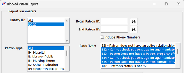 Top portion of the Blocked Patron Report screen.