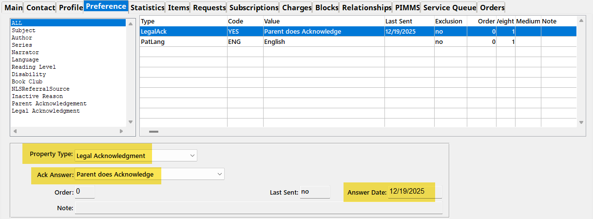 The Preference Tab (alt-4) with the LegalAck property selected. The Ack Answer combo-box is set to Parent does Acknowledge. The example Answer Date is 12/19/2025.